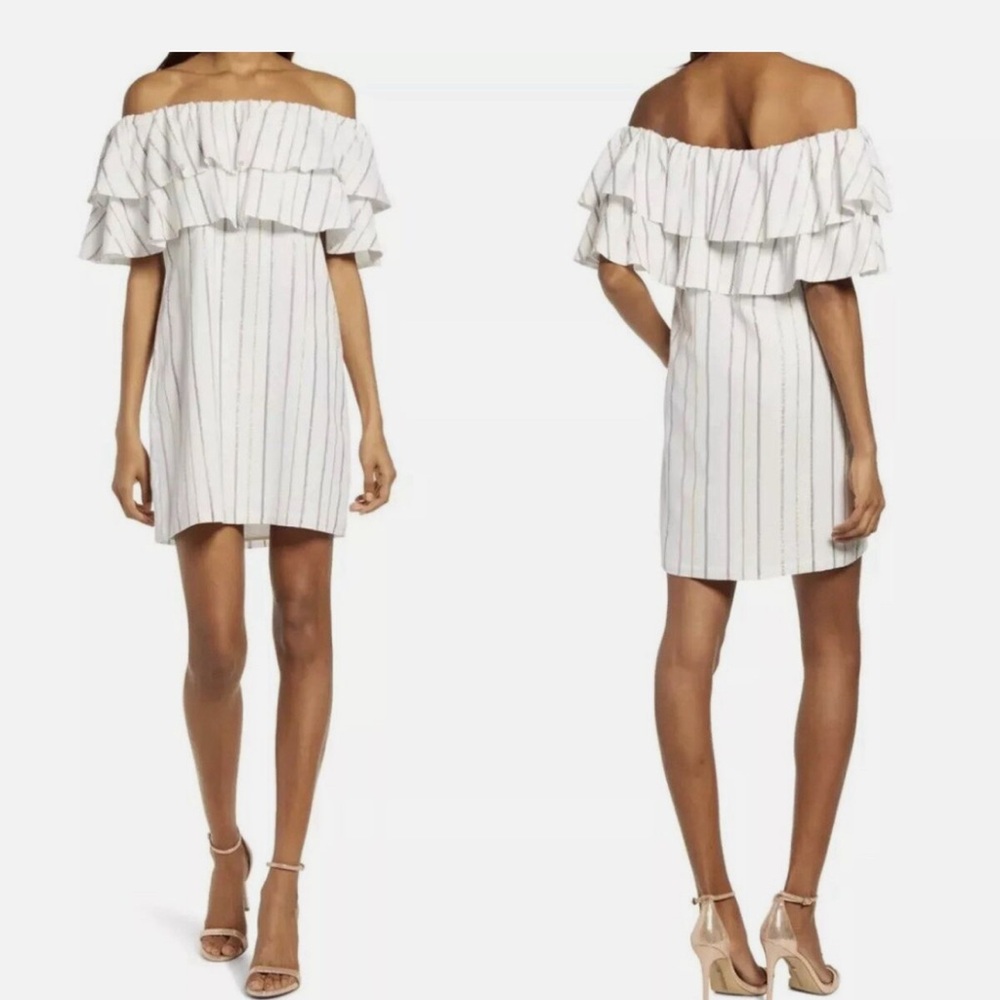 Charles Henry Strapless White Dress with Black Stripes